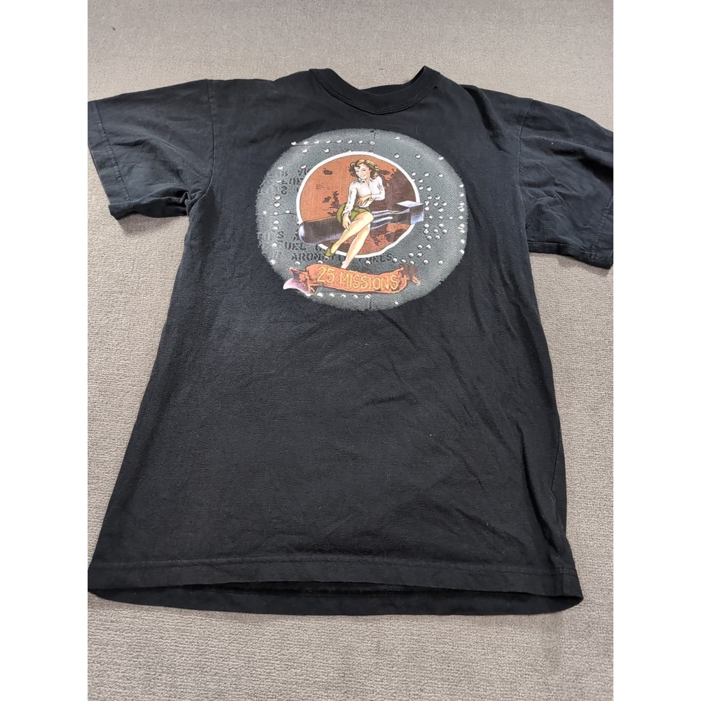 Men's Rotngo T-Shirt M Black 25 Missions Bomb Girl‎ Vtg Look